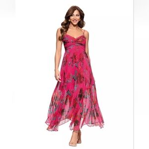 Xscape Vibrant Pink Floral Chiffon Midi Dress With Handkerchief Hemline